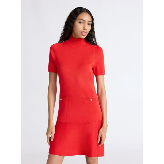 Free Assembly Women's Mock Neck Sweater Dress with Short Sleeves, Sizes XS-XXL