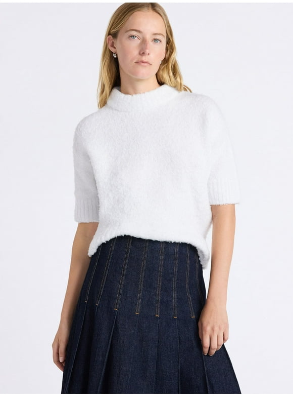 Women's Mock Neck Wedge Sweater with Short Sleeves, Sizes XS-XXL