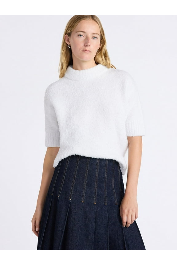 Women's Mock Neck Wedge Sweater with Short Sleeves, Sizes XS-XXL