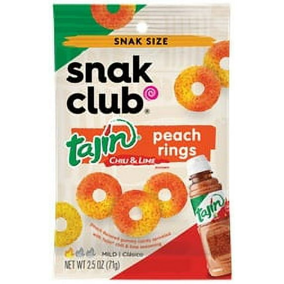 Snak Club Tajin Chili & Lime Peach Rings Candy, 2.5 oz Bags - Pack of 12