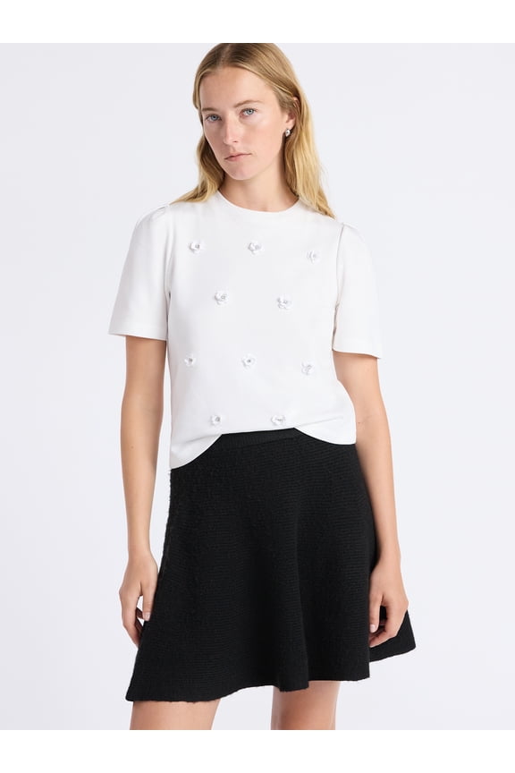 Women's and Women's Plus Embellished Pleat Shoulder Top with Short Sleeves, Sizes XS-4X