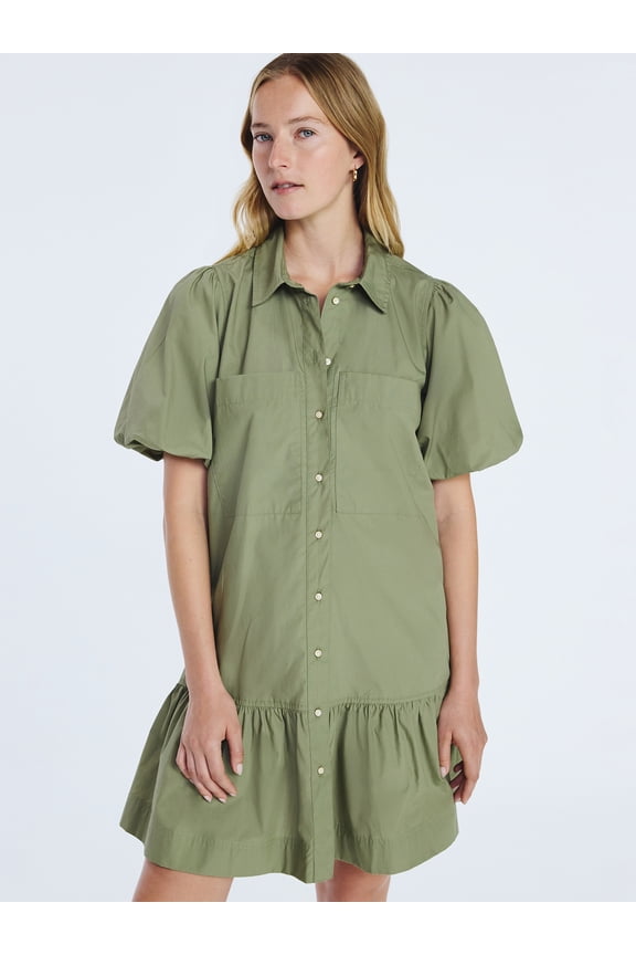 Women’s and Women's Plus Cotton Ruffle Mini Dress with Puff Sleeves, Sizes XS-4X