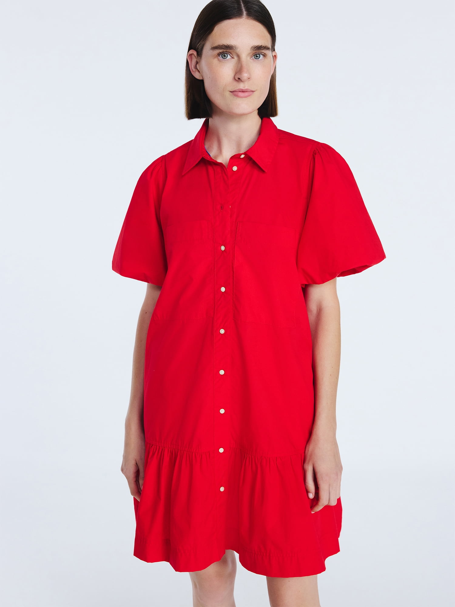 Free Assembly Women’s and Women's Plus Cotton Ruffle Mini Dress with Puff Sleeves, Sizes XS-4X