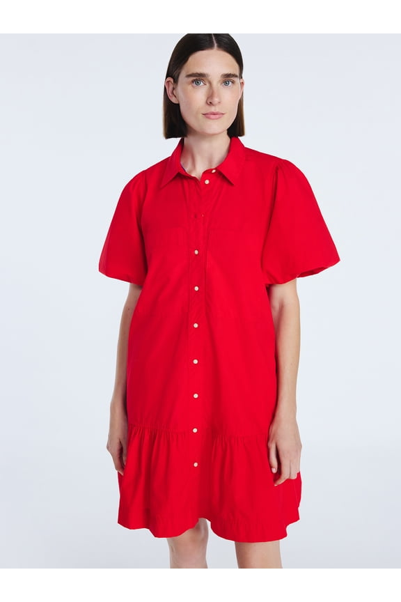 Women’s and Women's Plus Cotton Ruffle Mini Dress with Puff Sleeves, Sizes XS-4X