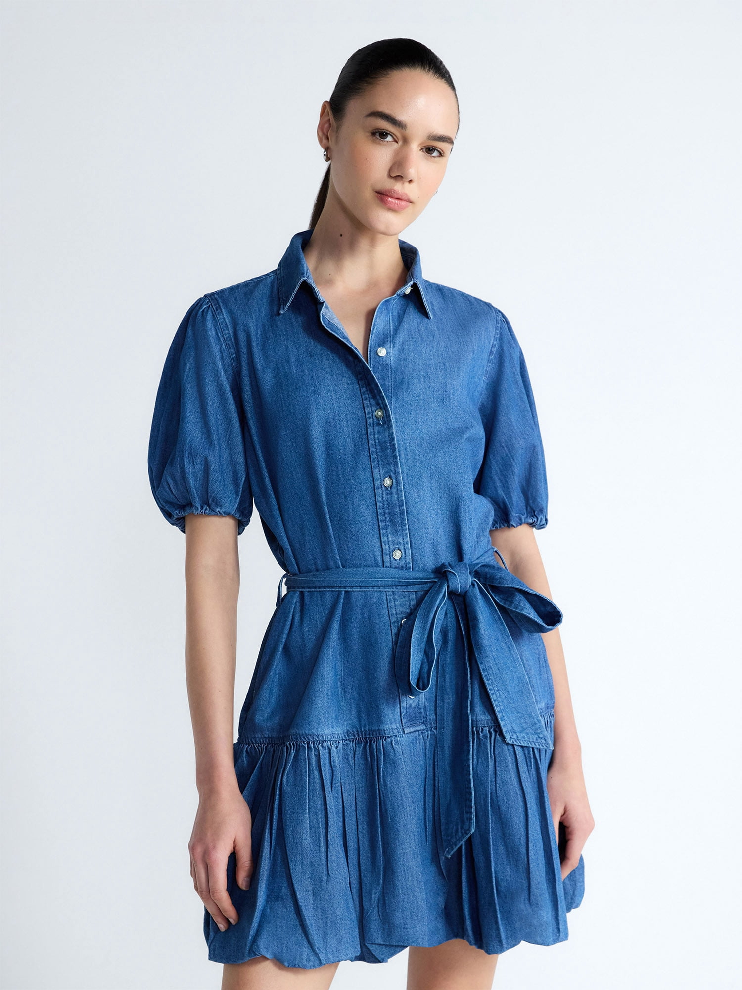 Free Assembly Women's and Women's Plus Cotton Mini Dress with Puff Sleeves, Sizes XS-4X