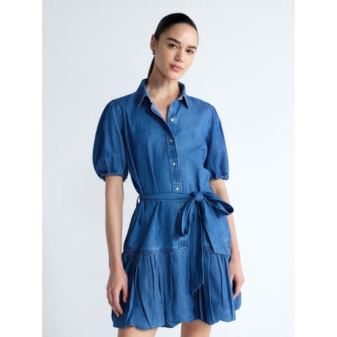 Women's and Women's Plus Cotton Mini Dress with Puff Sleeves, Sizes XS-4X