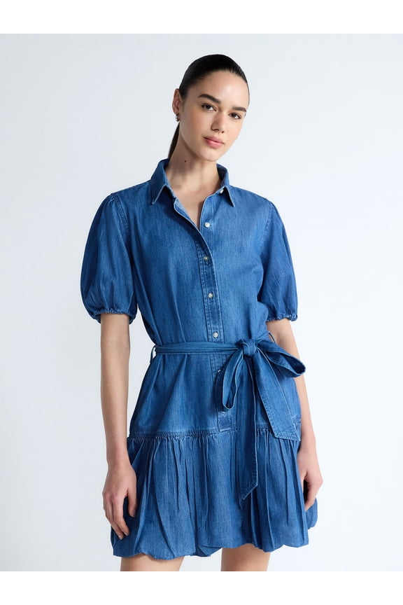 Women's and Women's Plus Cotton Mini Dress with Puff Sleeves, Sizes XS-4X