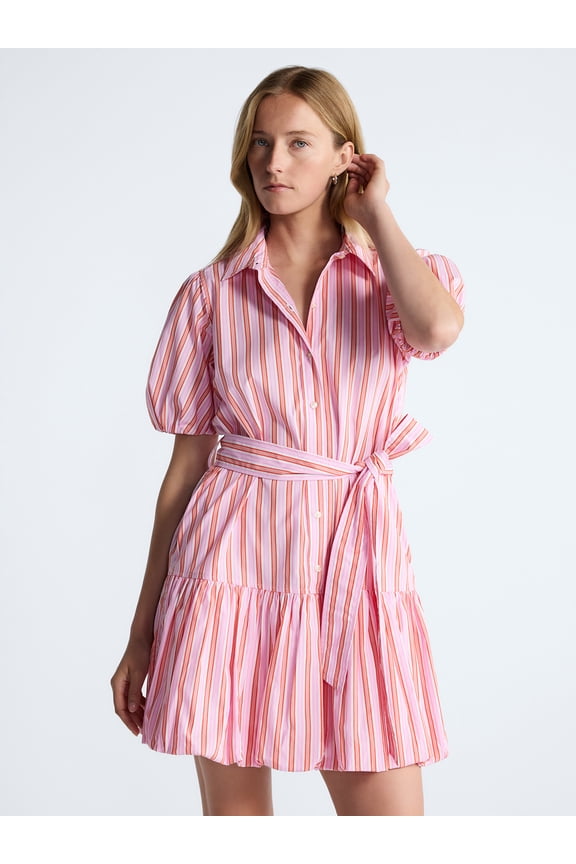 Women's and Women's Plus Cotton Mini Dress with Puff Sleeves, Sizes XS-4X