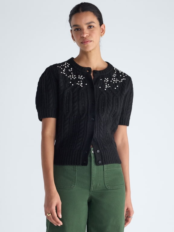 Women's and Women’s Plus Embellished Cable Knit Cardigan, Midweight, XS-4X