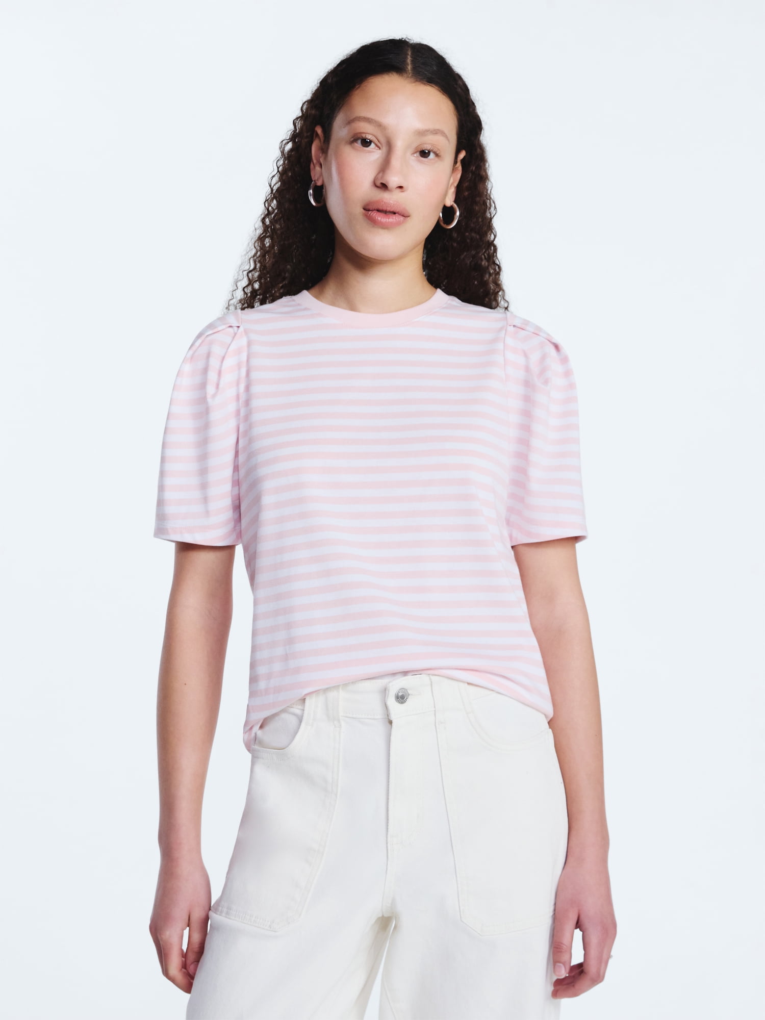 Free Assembly Women's and Women's Plus Crewneck Tee with Puff Sleeves, XS-4X
