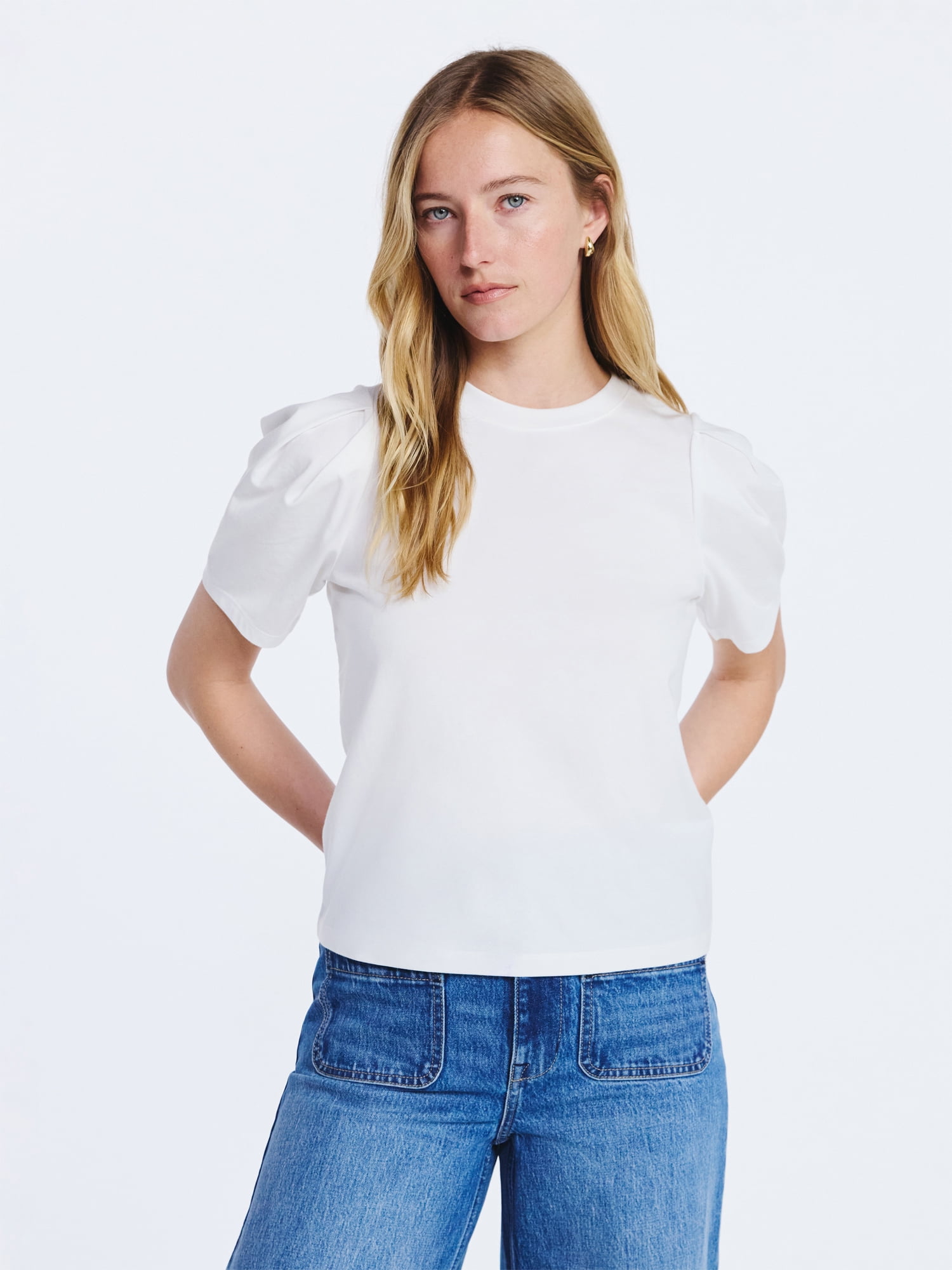 Free Assembly Women's Crewneck Tee with Puff Sleeves, XS-XXL