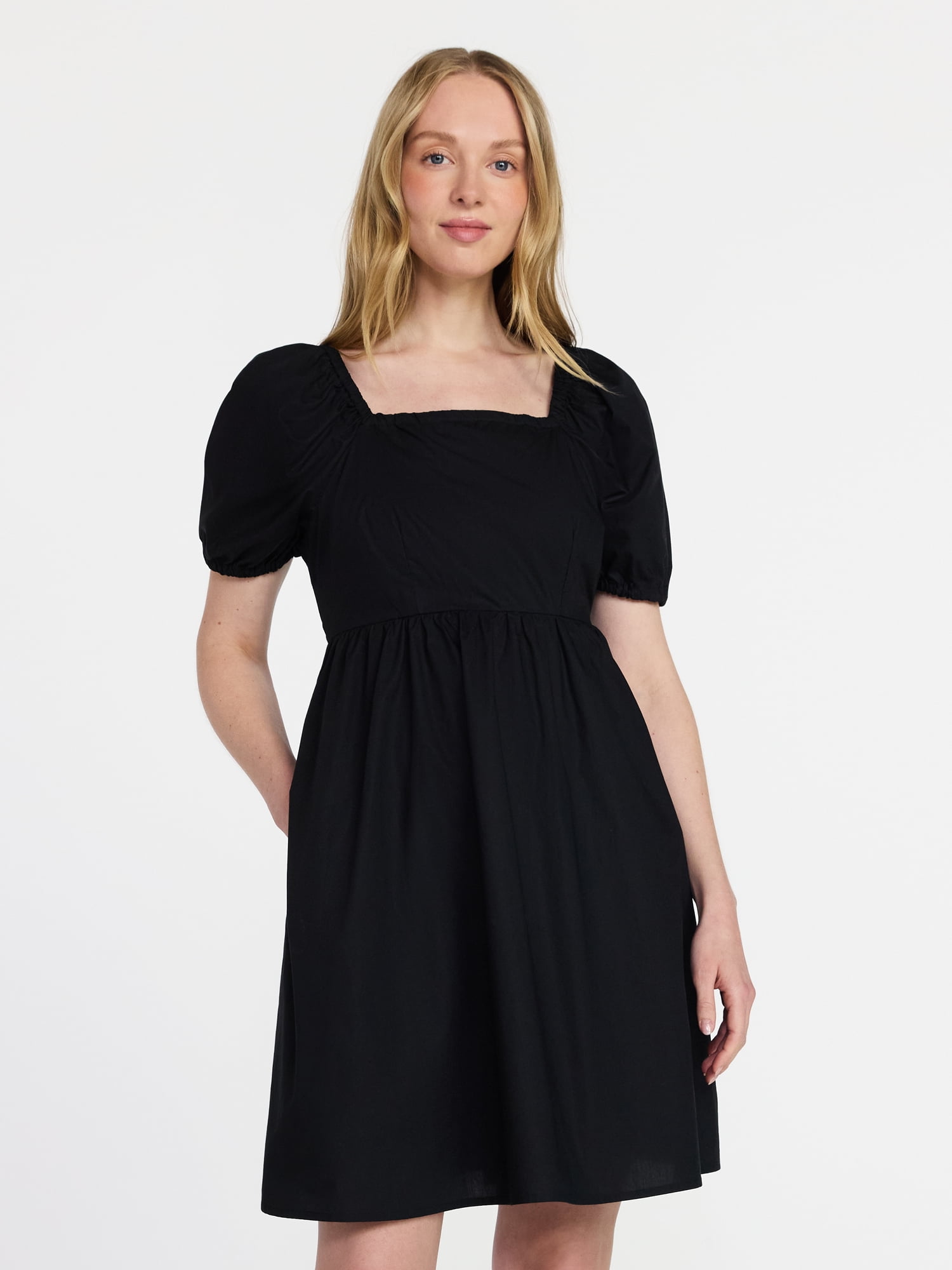 Time and Tru Women's and Women's Plus Tie Back Mini Dress with Puff Sleeves, Sizes XS-4X
