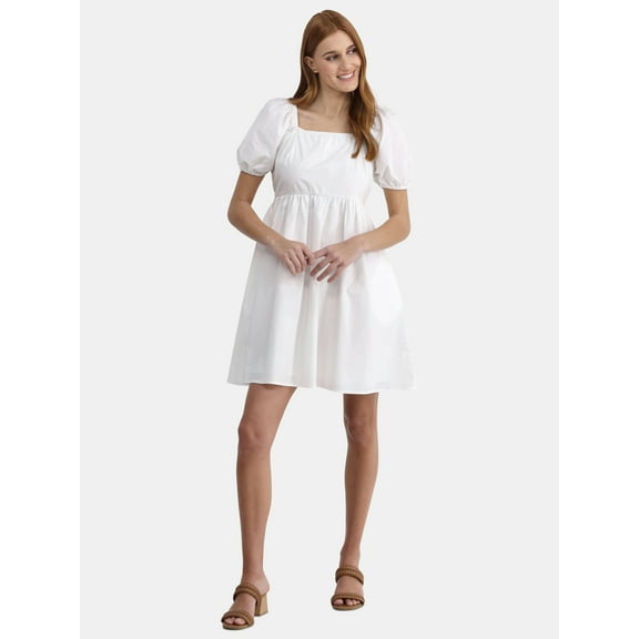 Time and Tru Women's and Women's Plus Tie Back Mini Dress with Puff Sleeves, Sizes XS-4X