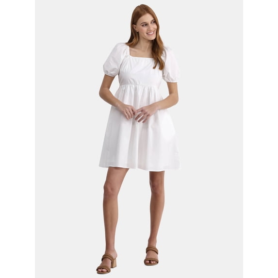 Time and Tru Women's and Women's Plus Tie Back Mini Dress with Puff Sleeves, Sizes XS-4X