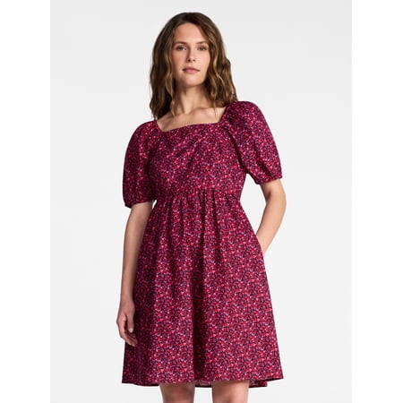 Time and Tru Women's and Women's Plus Tie Back Mini Dress with Puff Sleeves, Sizes XS-4X