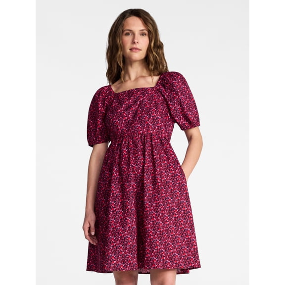Time and Tru Women's and Women's Plus Tie Back Mini Dress with Puff Sleeves, Sizes XS-4X