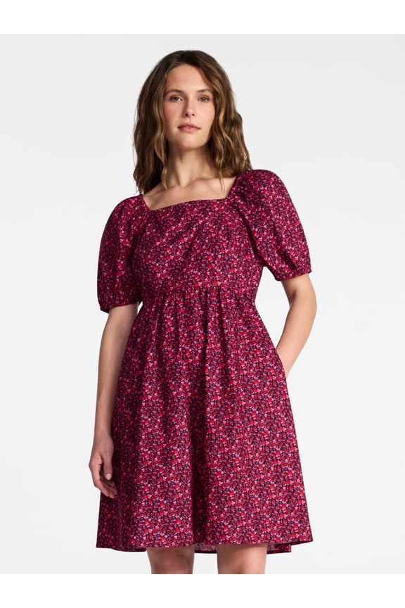 Women's and Women's Plus Tie Back Mini Dress with Puff Sleeves, Sizes XS - 4X