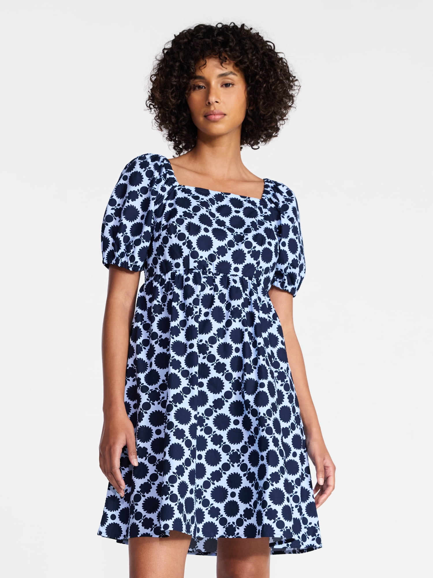 Time and Tru Women's and Women's Plus Tie Back Mini Dress with Puff Sleeves, Sizes XS-4X