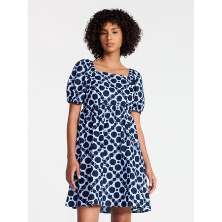 Time and Tru Women's and Women's Plus Tie Back Mini Dress with Puff Sleeves, Sizes XS-4X
