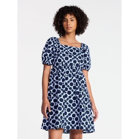 Women's and Women's Plus Tie Back Mini Dress with Puff Sleeves, Sizes XS-4X