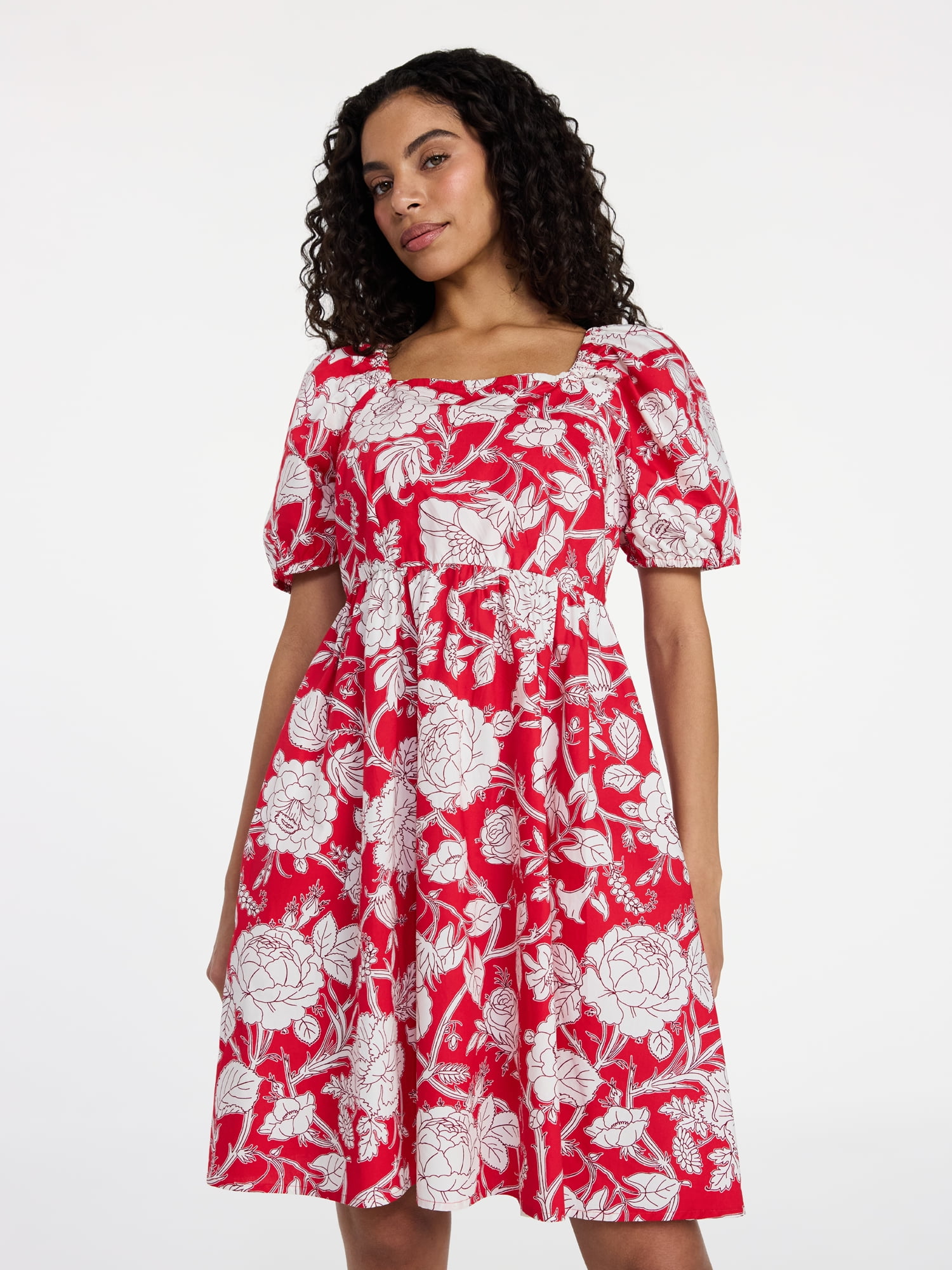 Time and Tru Women's and Women's Plus Tie Back Mini Dress with Puff Sleeves, Sizes XS-4X