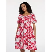 Time and Tru Women's and Women's Plus Tie Back Mini Dress with Puff Sleeves, Sizes XS-4X