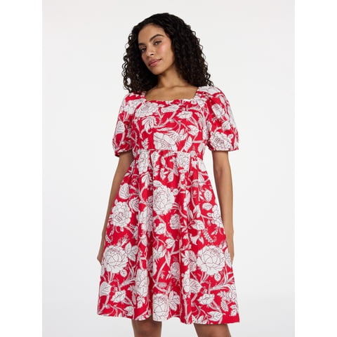 Women's and Women's Plus Tie Back Mini Dress with Puff Sleeves, Sizes XS-4X