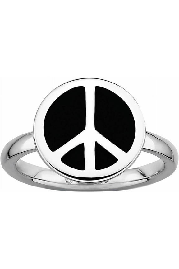 SS Polished Black Enameled Peace Sign Ring