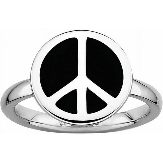 SS Polished Black Enameled Peace Sign Ring
