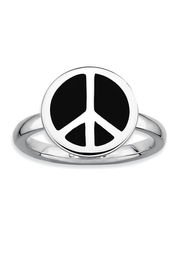 SS Polished Black Enameled Peace Sign Ring