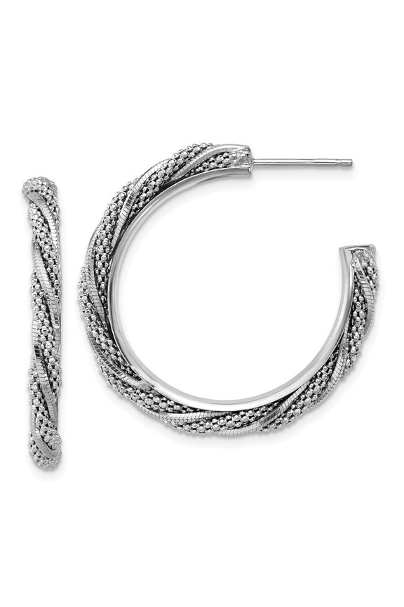 SS RH-plated Polish/Textured Twisted J-Hoop Post Earrings