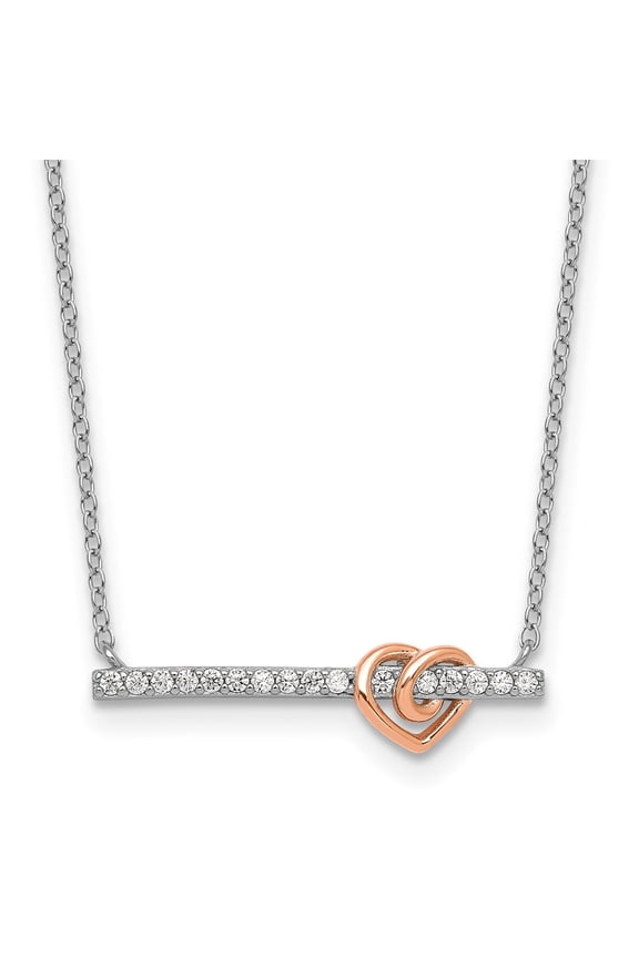 SS RH-pltd and Rose-tone CZ Heart Bar 16in w/2in Ext Necklace 16 Inches