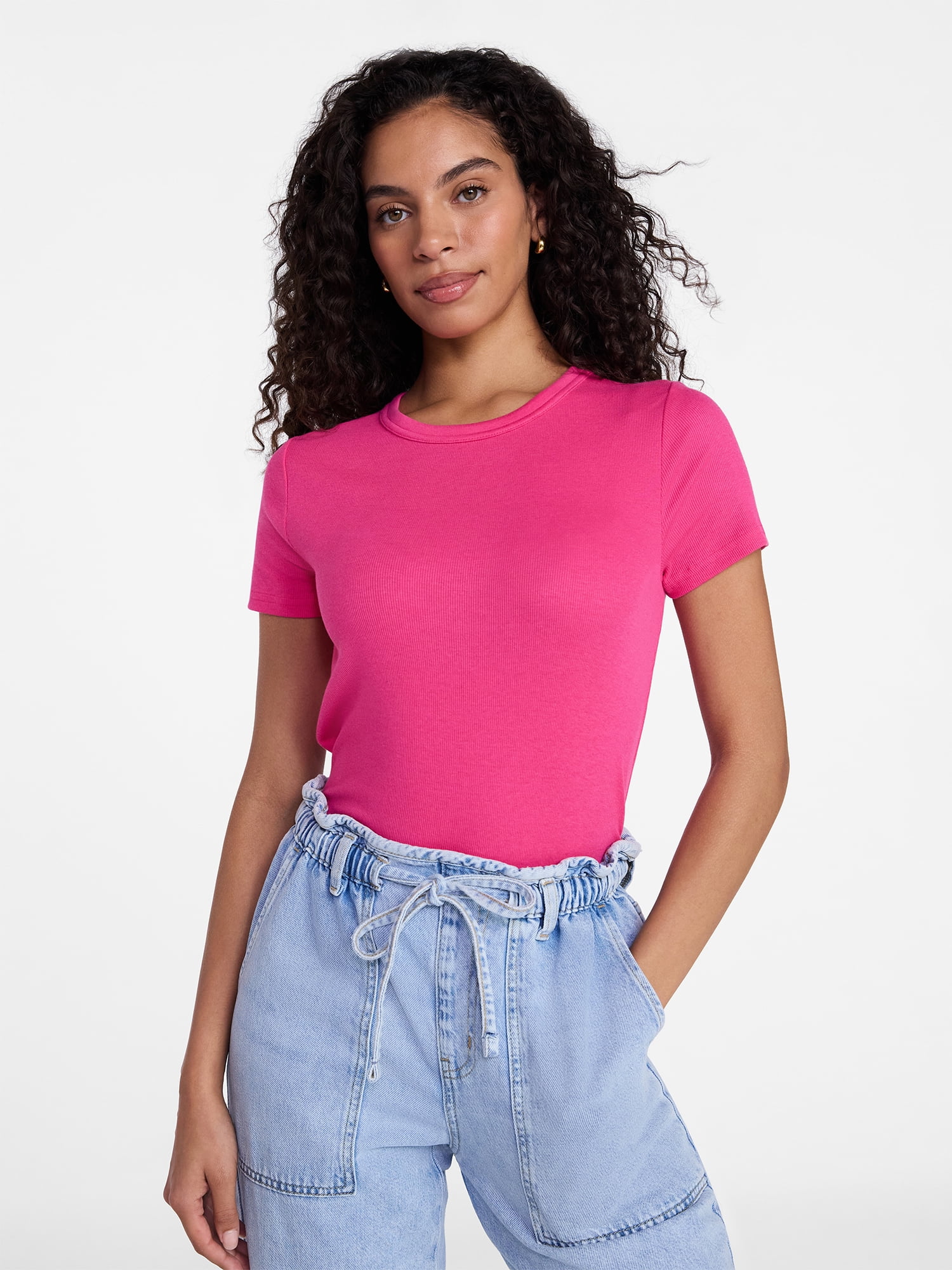Time and Tru Women's Ribbed Tee with Short Sleeves, Sizes XS-XXXL
