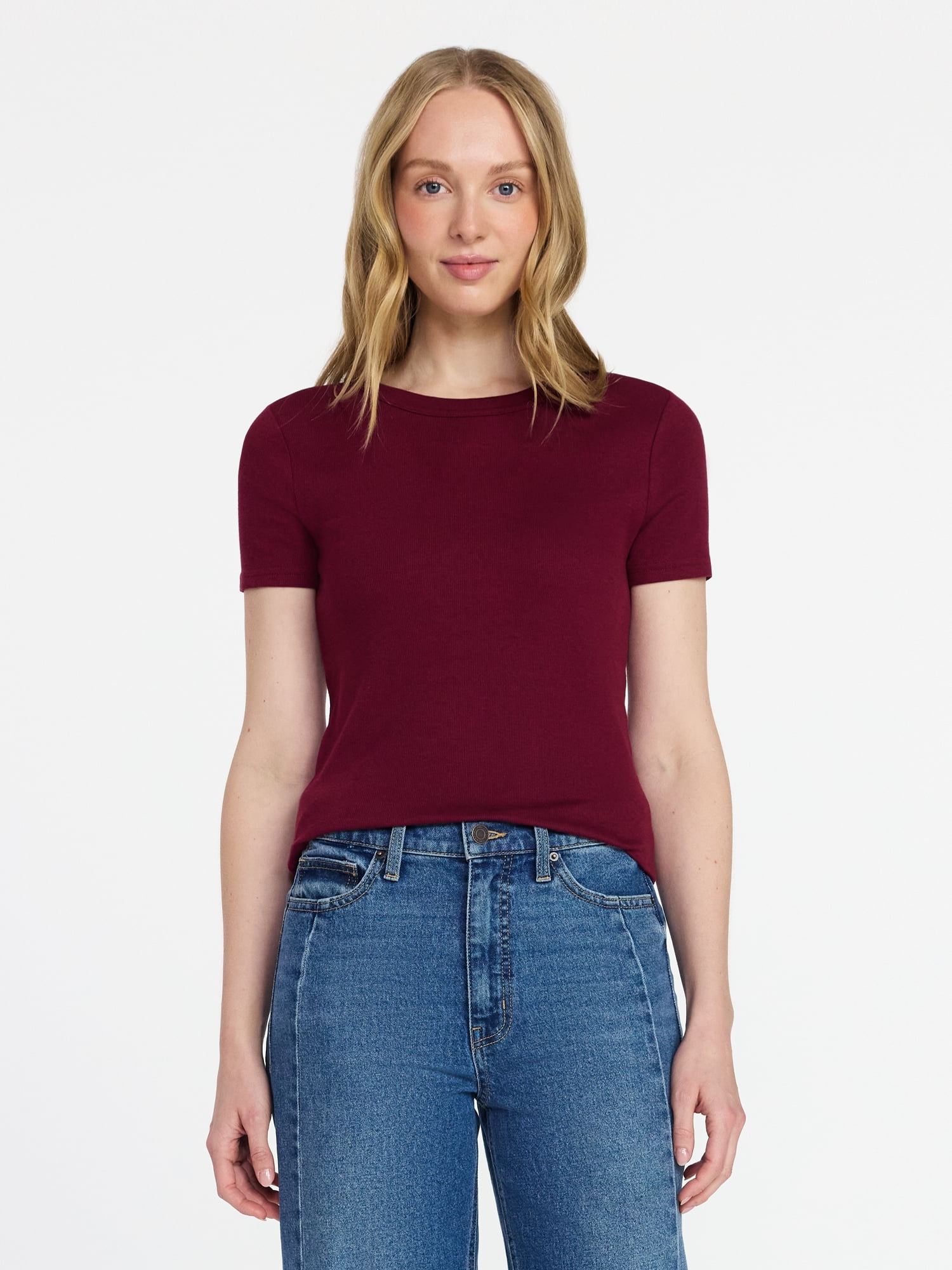 Time and Tru Women's Ribbed Tee with Short Sleeves, Sizes XS-XXXL