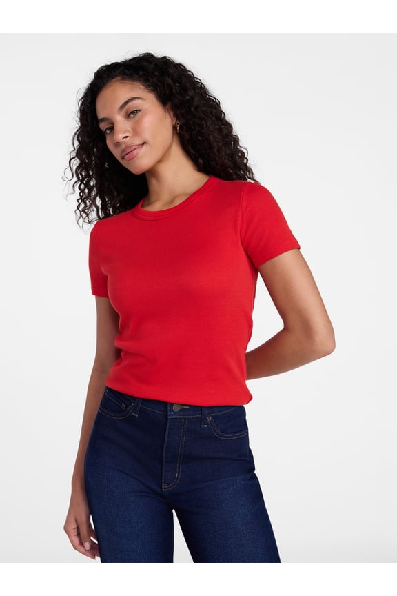 Women's Ribbed Tee with Short Sleeves, Sizes XS-XXXL