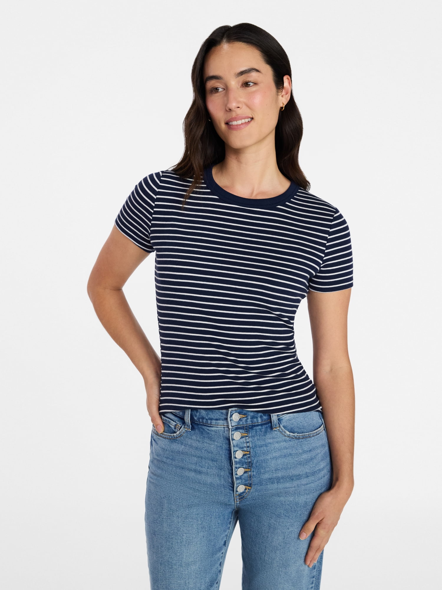 Time and Tru Women's Ribbed Tee with Short Sleeves, Sizes XS-XXXL