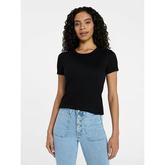 Time and Tru Women's Ribbed Tee with Short Sleeves, Sizes XS-XXXL