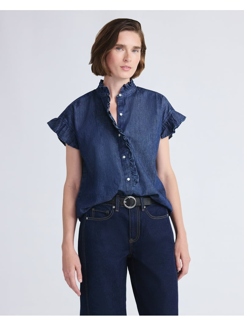 Free Assembly Women's and Women's Plus Ruffle Trim Neck Top