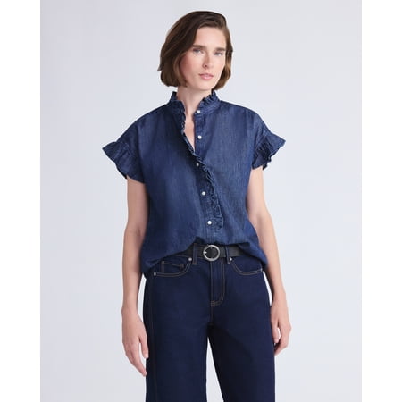 Free Assembly Women's and Women's Plus Ruffle Trim Neck Top with Short Sleeves, Sizes XS-4X