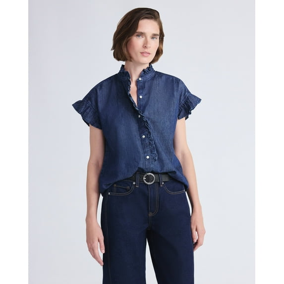 Free Assembly Women's and Women's Plus Ruffle Trim Neck Top with Short Sleeves, Sizes XS-4X