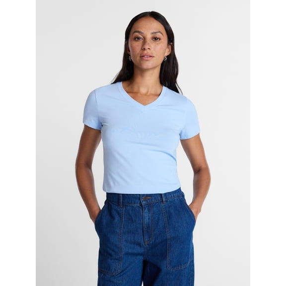Time and Tru Women's Slim V Neck Tee with Short Sleeves, Sizes XS-XXXL