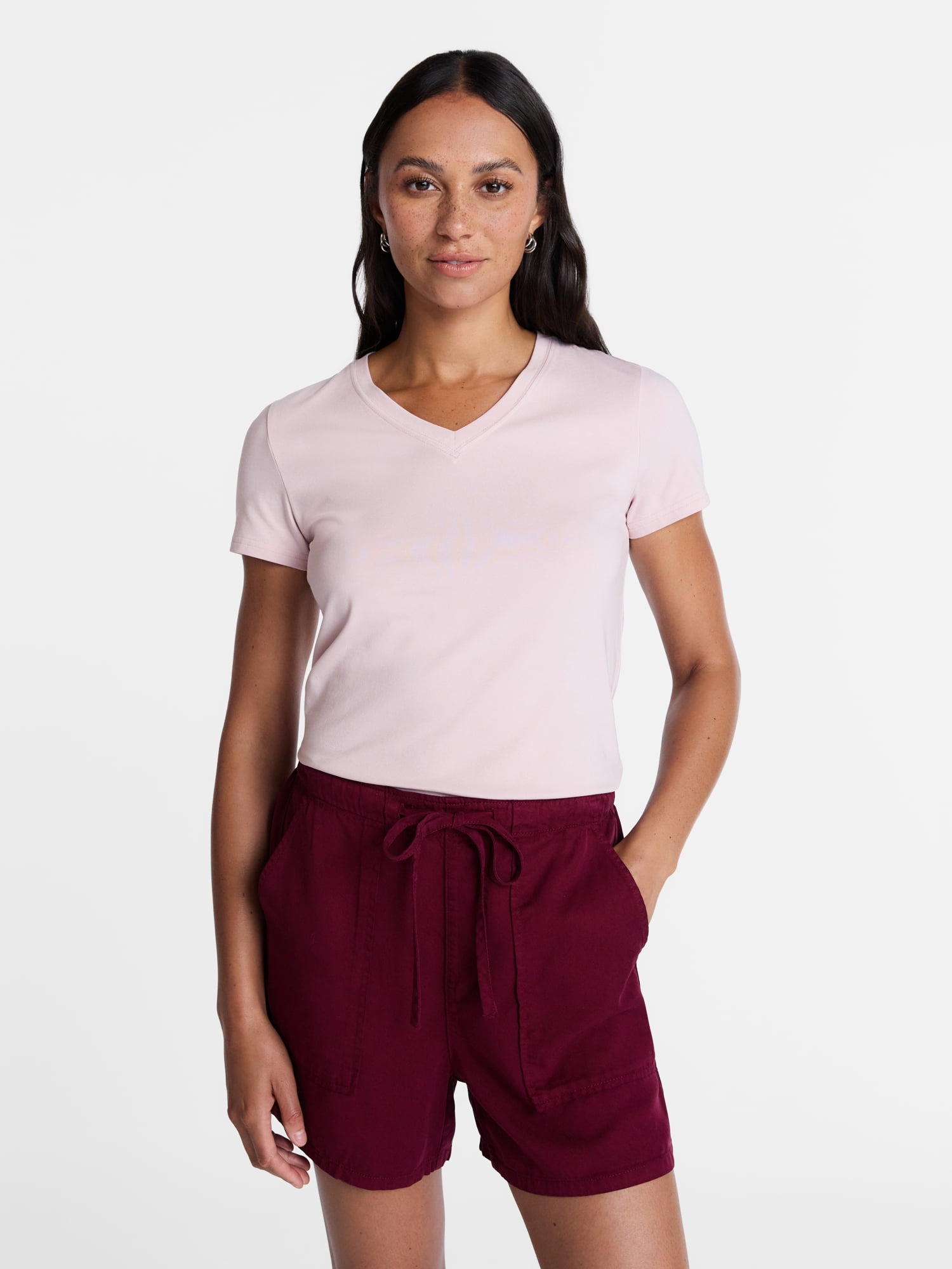 Time and Tru Women's Slim V Neck Tee with Short Sleeves, Sizes XS-XXXL