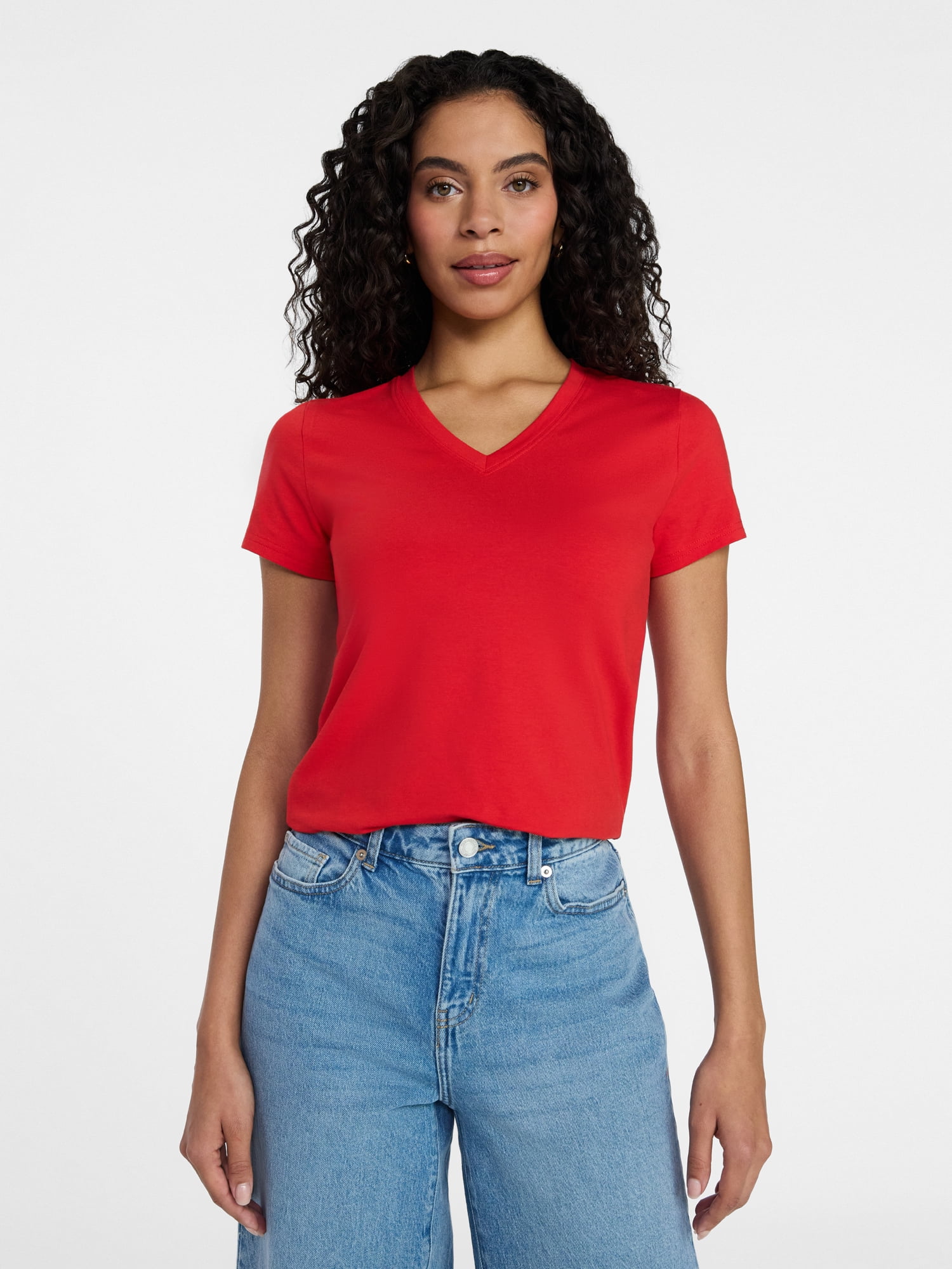 Time and Tru Women's Slim V Neck Tee with Short Sleeves, Sizes XS-XXXL