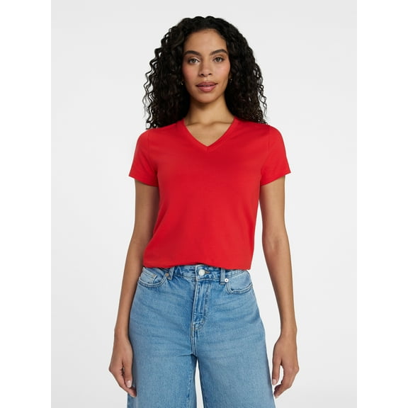 Time and Tru Women's Slim V Neck Tee with Short Sleeves, Sizes XS-XXXL