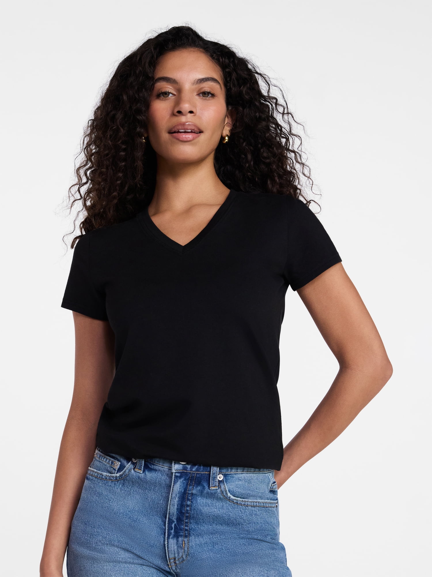 Time and Tru Women's Slim V Neck Tee with Short Sleeves, Sizes XS-XXXL