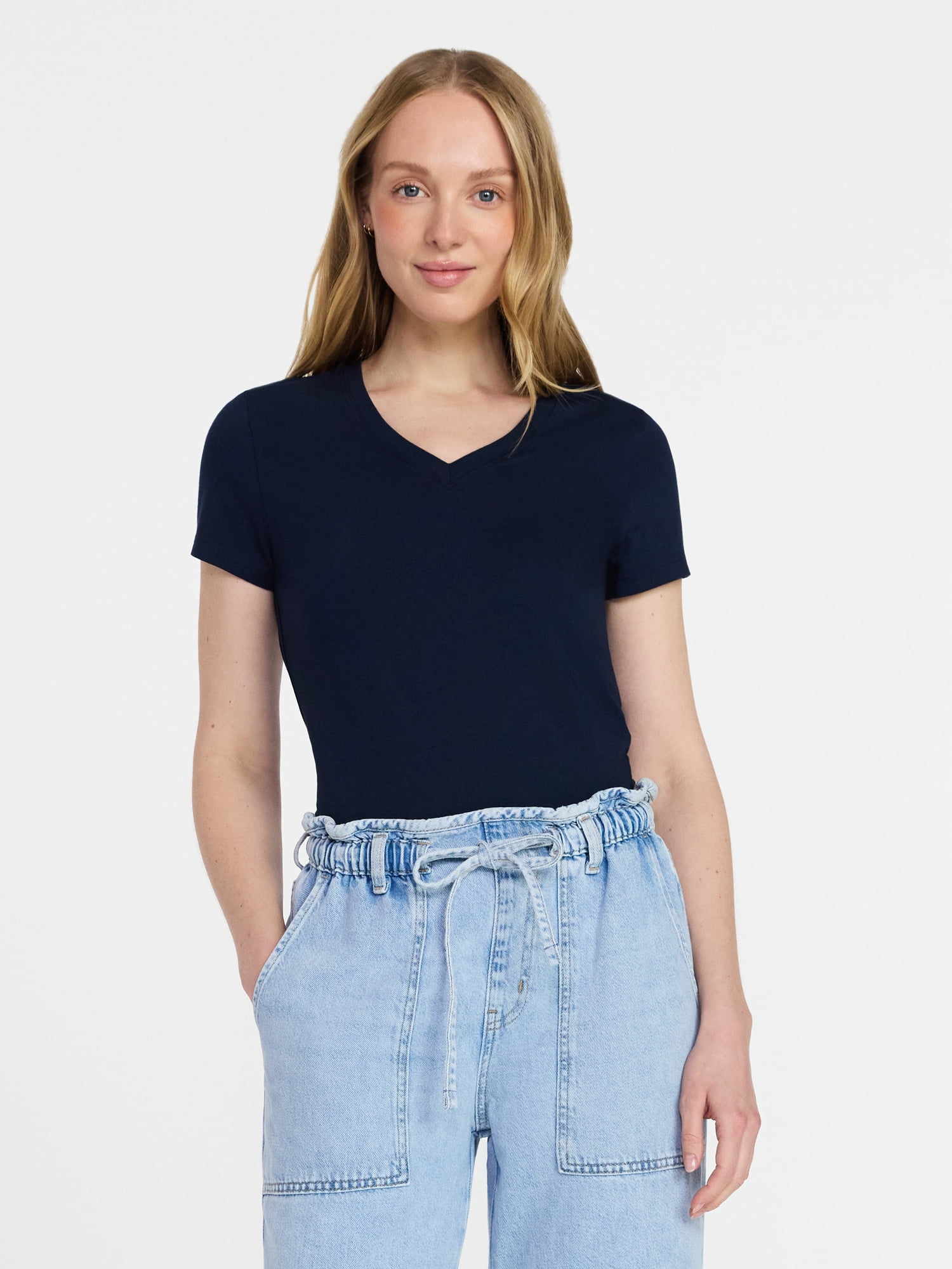 Time and Tru Women's Slim V Neck Tee with Short Sleeves, Sizes XS-XXXL