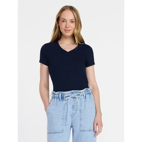 Women's Slim V Neck Tee with Short Sleeves, Sizes XS-XXXL