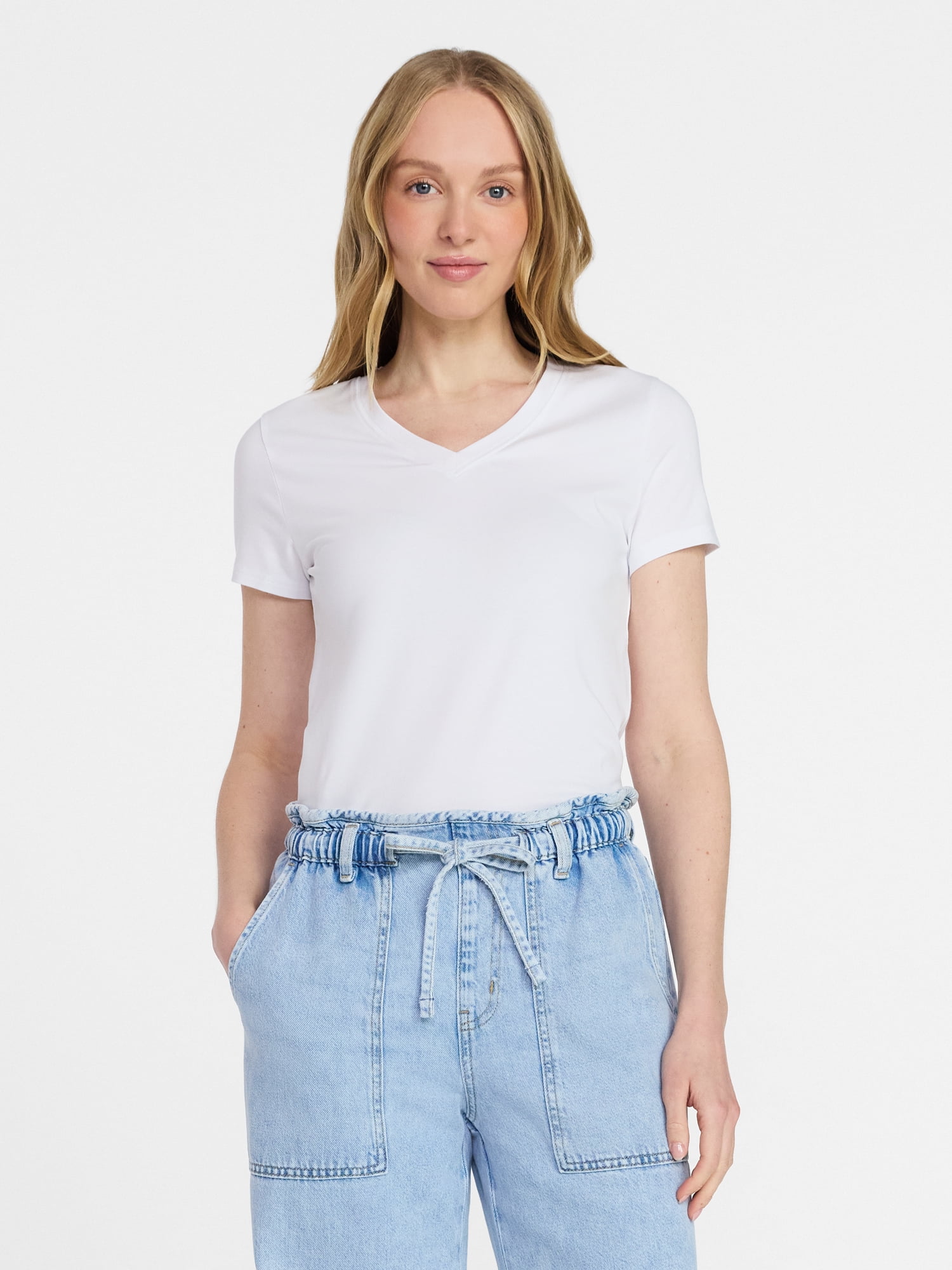 Time and Tru Women's Slim V Neck Tee with Short Sleeves, Sizes XS-XXXL
