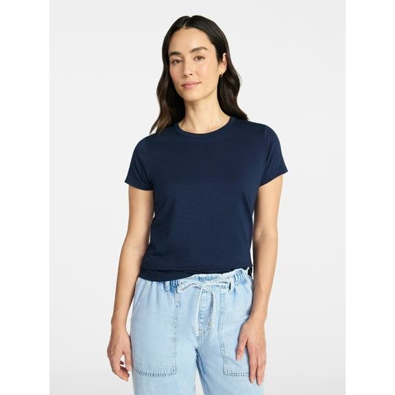 Time and Tru Women's Slub Crewneck Tee with Short Sleeves, Sizes XS-XXXL