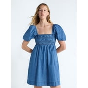 Free Assembly Womens and Womens Plus Smocked Cotton Peasant Mini Dress with Puff Sleeves, Sizes XS-4X
